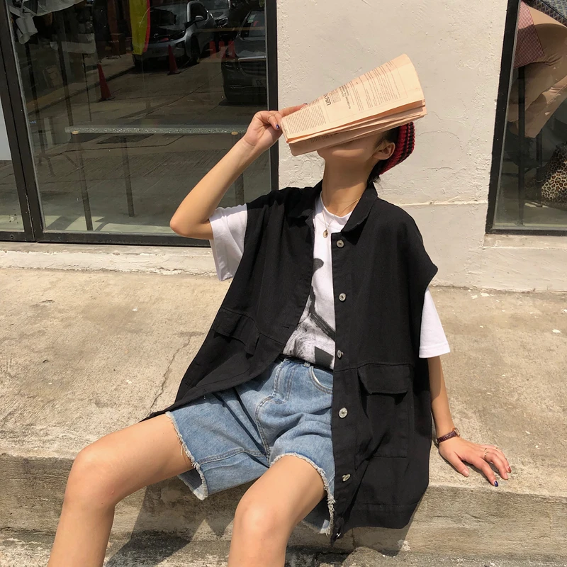 Осень harajuku BF стиль жилет пальто мода крутая уличная карманы куртки без рукавов черный белый