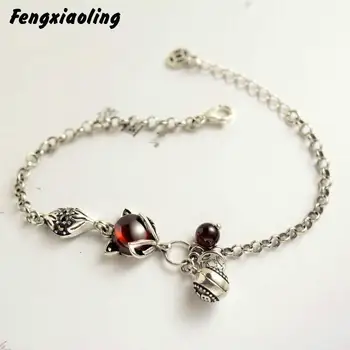 

Fengxiaoling 100% 925 Sterling Silver Natural Stone Garnet Fox Charm Bracelets For Women Retro Style Fashion Party Jewelry