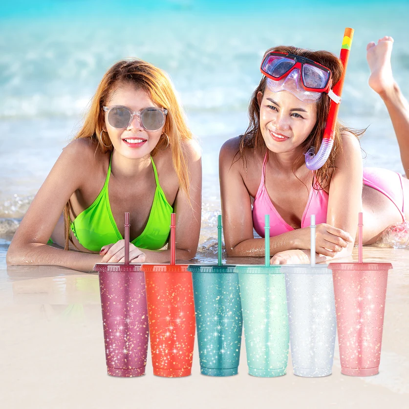 710ML Flash Powder Water Bottle For Girls Reusable Straw Water Cup Summer Cold Drinking Bottle Juice Cup Tumbler With Straw Gift glass drinking glasses