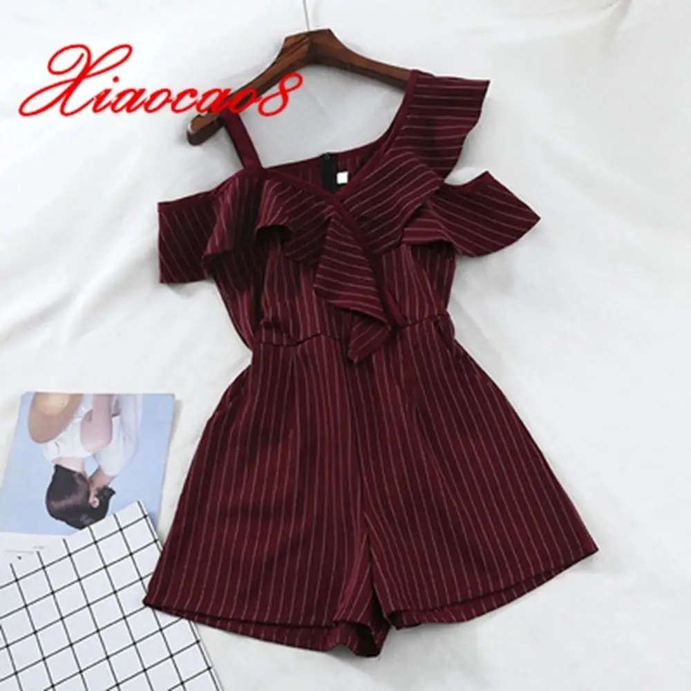 

Casual High Waist Chiffon Striped Playsuits Fashion Women's Sweet Ruffles Off Shoulder Shorts Summer Jumpsuits for Women 2019