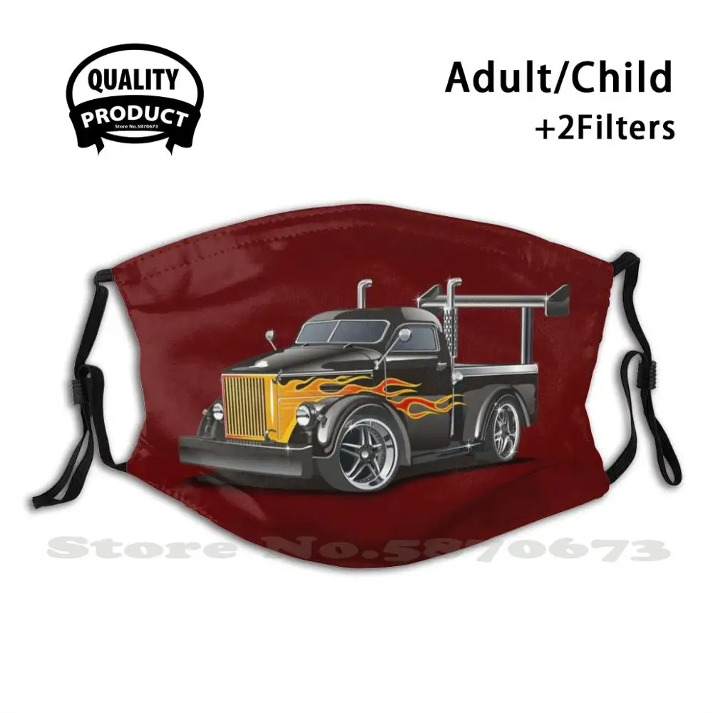 

Cartoon Hotrod Truck Funny Cool Cloth Mask Vector Truck Black Car Hotrod Isolated Cartoon Retro Lorry Orange Pickup Race
