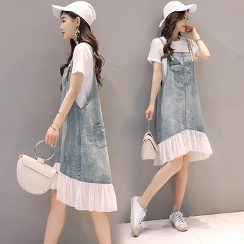 

2020 New Summer Women White Elegant Casual Shirt+Jean Patchwork Mesh Ruffles Strap Dress 2 Piece Set Lady Sweet Party Suit H104
