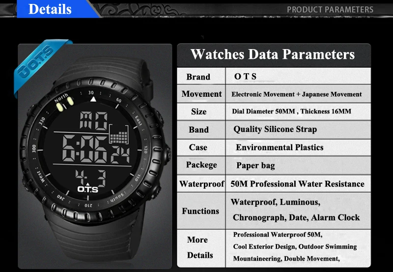 OTS Лидирующий бренд мужские часы спортивные цифровые часы для мужчин 50 м водонепроницаемые электронные часы для дайвинга для мужчин наручные часы Relogio Masculino