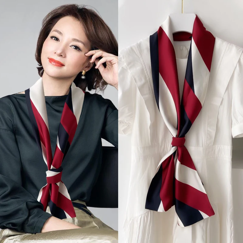 

HOT Japanese Scarf Designer Narrow Small Long Imitation Silk Tie Women's Scarfs Double Sided Neck Silk Fashionable Hair Scarf