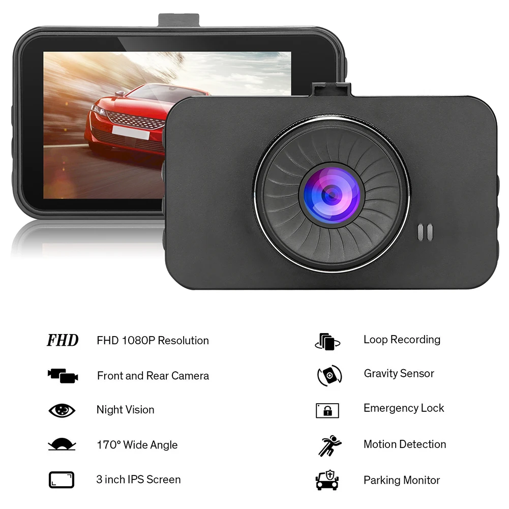 1080P Full HD детектор движения автомобиля Dash Cam Широкий формат ips Экран для парковочной системы DVR петля Запись G Сенсор видео Ночное видение