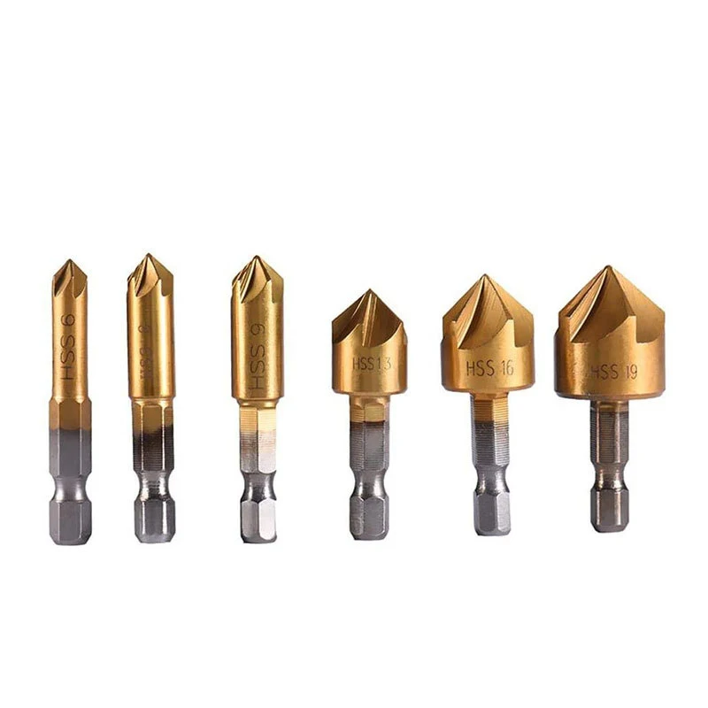 

6-19mm hexagonal shank titanium plated high-speed steel chamfering cutter hole drill bit five-edged chamfering device