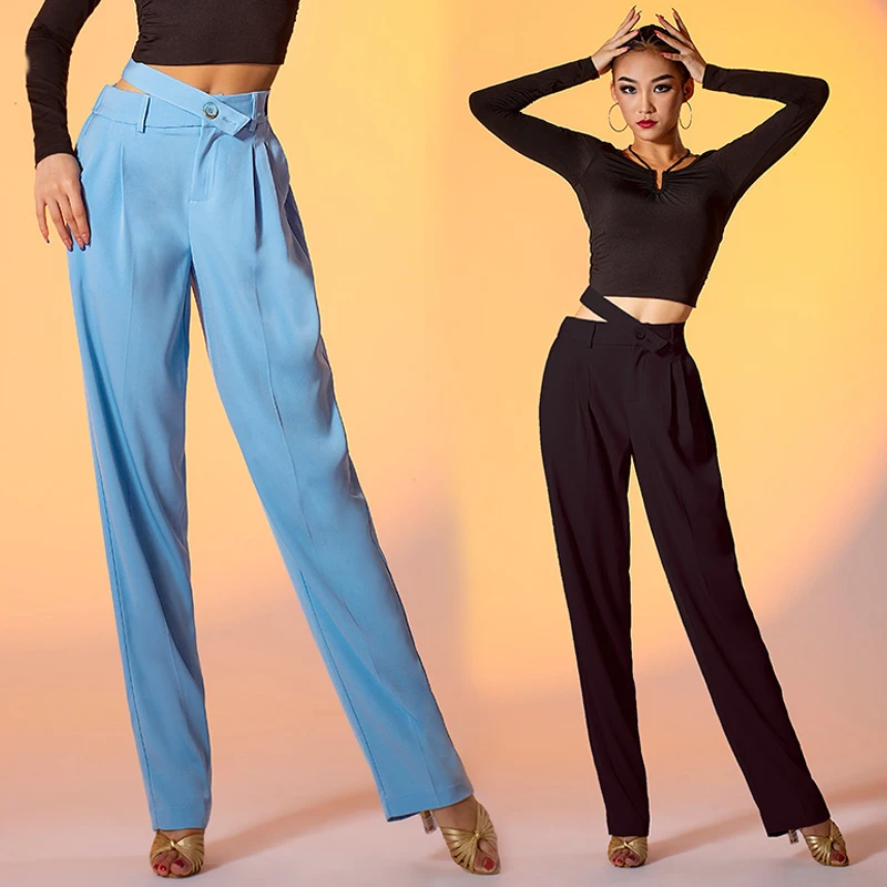 

Latin Dance Pants Women Strap Waist Loose Practice Dance Clothes Ballroom Cha Cha Samba Wear Blue Black Latin Trousers DNV15249