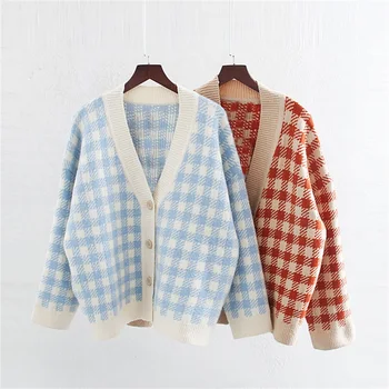 

Autumn and winter 2019 new women's Plaid V-Neck long sleeve qianniage medium long cardigan sweater yu39s9df2000