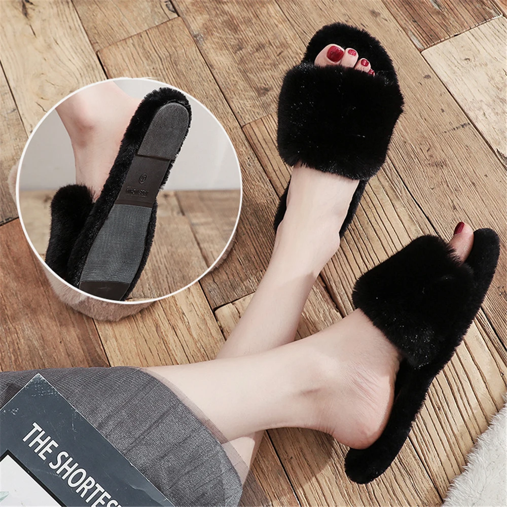 2023 Winter Women Furry Slippers Soft Plush Faux Fur Floor Shoes