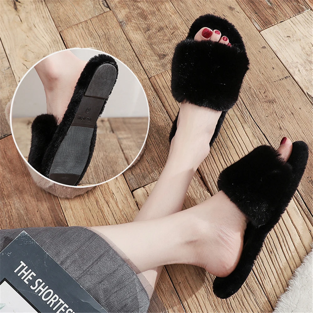 2023 Winter Women Furry Slippers Soft Plush Faux Fur Floor Shoes Indoor Ladies Warm Home Slippers Open Toe Fluffy House Slides 2