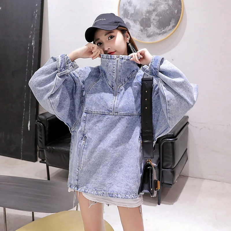 

2019 Autumn Jacket High Collar Water Washing Printed Jacket Floating Rope Cowboy Coat The Same Turtleneck Coat Women
