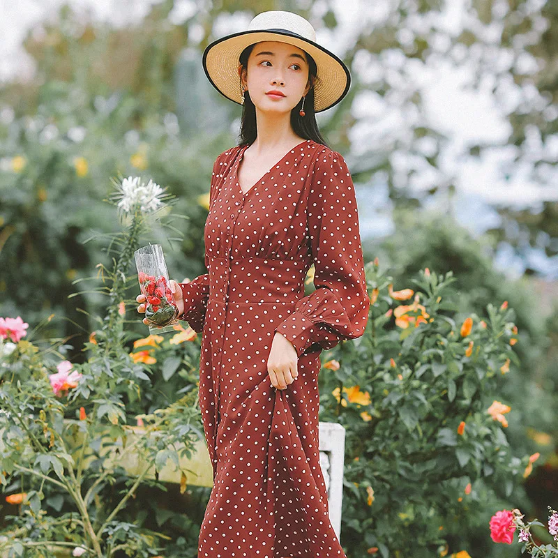 

2019 new fashion women's dresses French retro dot long sleeve dress slim chiffon