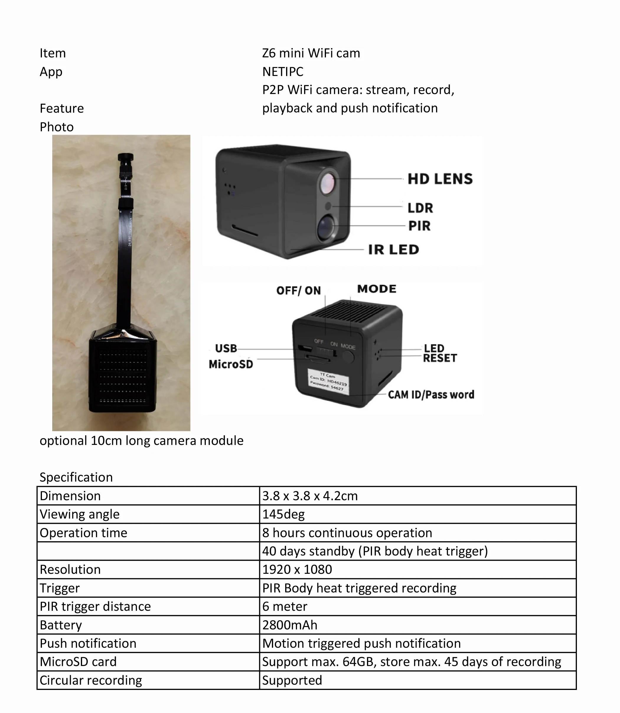 Predný pohľad na kompaktnú mini bezpečnostnú kameru
