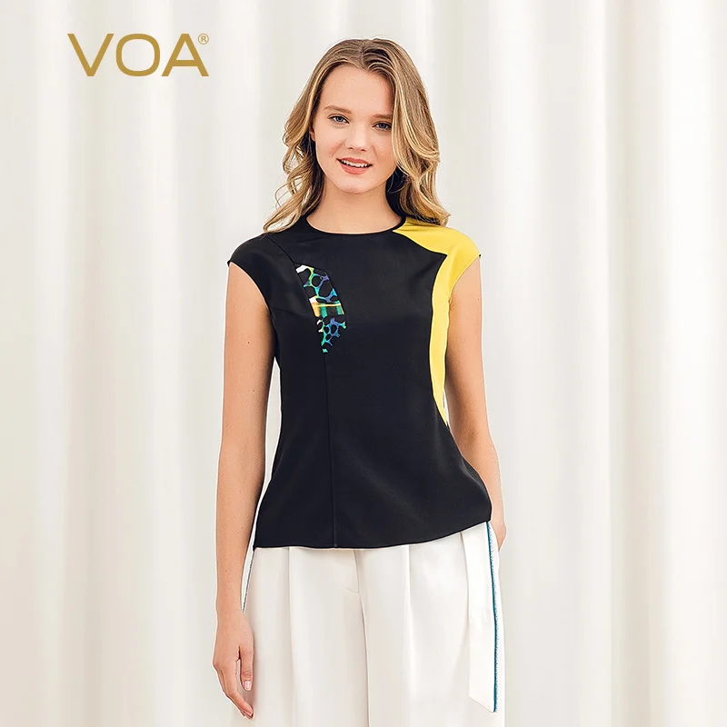 

VOA contrast round neck , shoulder sleeve , contrast material, waist closing, slim and elastic silk T-shirt B9125