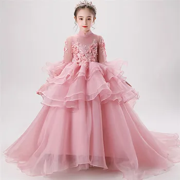 

Autumn Winter Luxury Model show Catwalk Performance Princess Long Tail Mesh Dress Children Girls Luxury Birthday Evening Dress