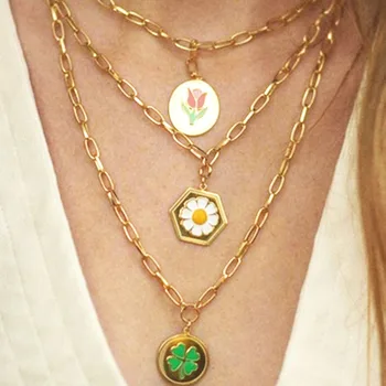 

Daisy flower tulip enamel necklace for wome punk bold gold lacvicle link chain necklace fashion 2020