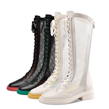 

PGXXZLX Genuine Leather Shoes Women's Summer Boots Mesh Shoes Sexy High Heels Hollow-out Rome Style Lace Up Net Shoes Boots
