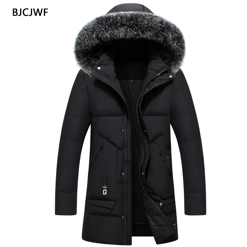 

BJCJWF Men's down jacket Long Warm Thick White duck down Jacket Detachable Natural Fur collar hooded Winter Down Coat plus size