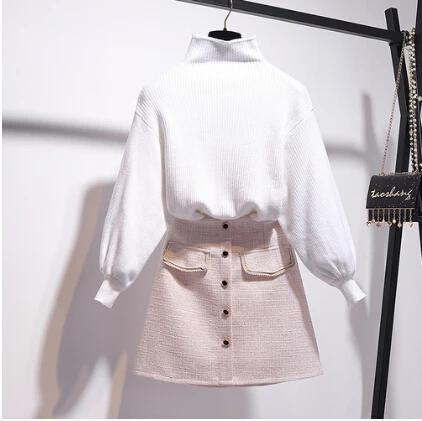 Sweater and Skirt Осенне-зимний модный комплект из двух предметов, женские утепленные свитера с рукавами-фонариками+ винтажные твидовые мини-короткие юбки, комплекты, костюм - Цвет: Sweater and Skirt