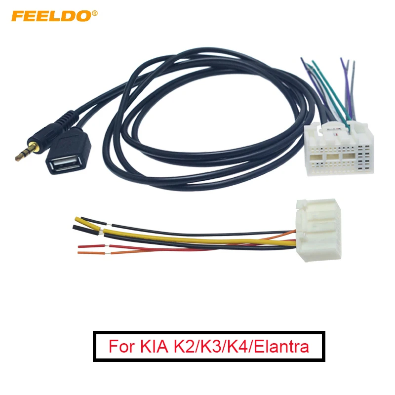 FEELDO 6Pcs Car Stereo Radio Wiring Harness Adapter with AUX(3.5mm)/USB Connector Plug For KIA K2/K3/K4/Elantra/Mistra/Tucson | Автомобили