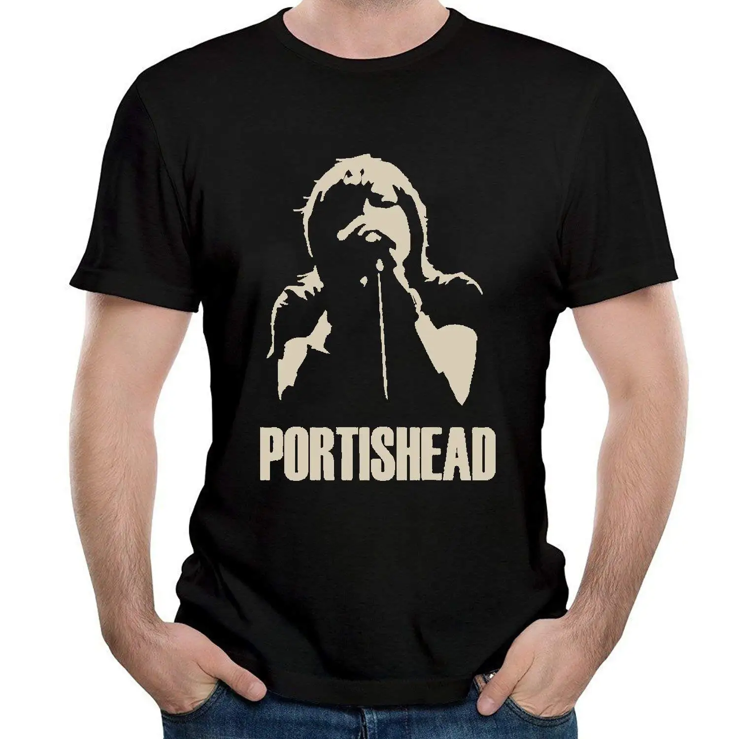 Мужская футболка Portishead Face черная с принтом коротким рукавом круглым вырезом