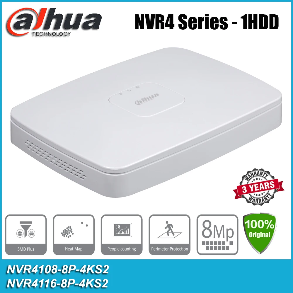 Оригинал Dahua NVR4116-8P-4KS2 8/16 канал 8PoE 4K и H.265 NVR Сетевой Видео Регистраторы NVR4108-8P-4KS2 IP