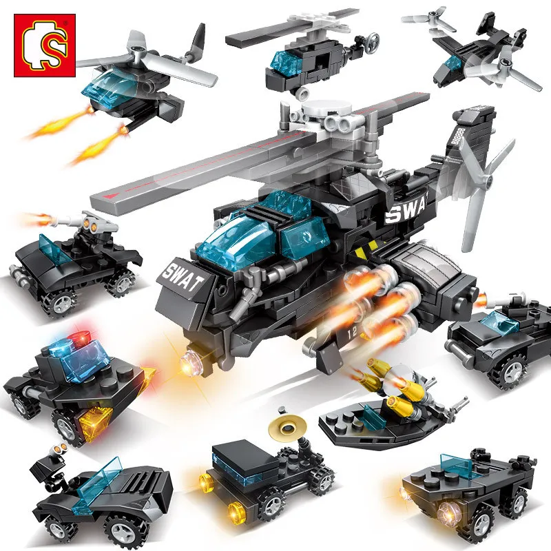 

10 in 1 SWAT Team Transport Helicopter Military City Police figures Building Blocks Sets bricks Educational Toys for Children