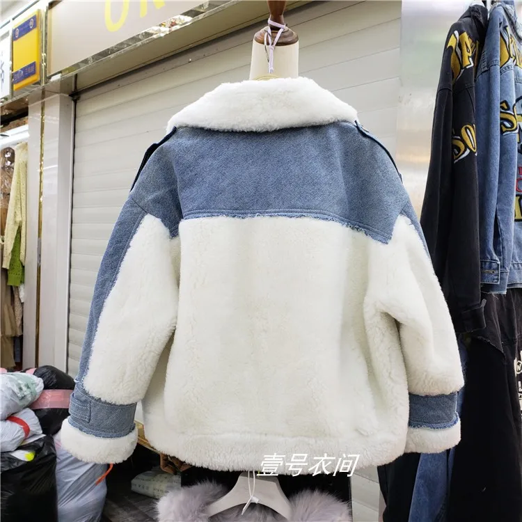 

Lamb Denim Coat Womens Short Parka Padded New Thickened Warm Short Warm Coat Outwear Jacket Bomber Coat Girls Students