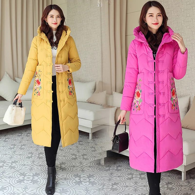 

Photo Shoot 2019 New Style down Jacket Women's Long Elegant Loose-Fit Embroidery Ethnic-Style Cotton-padded Clothes Middle-aged