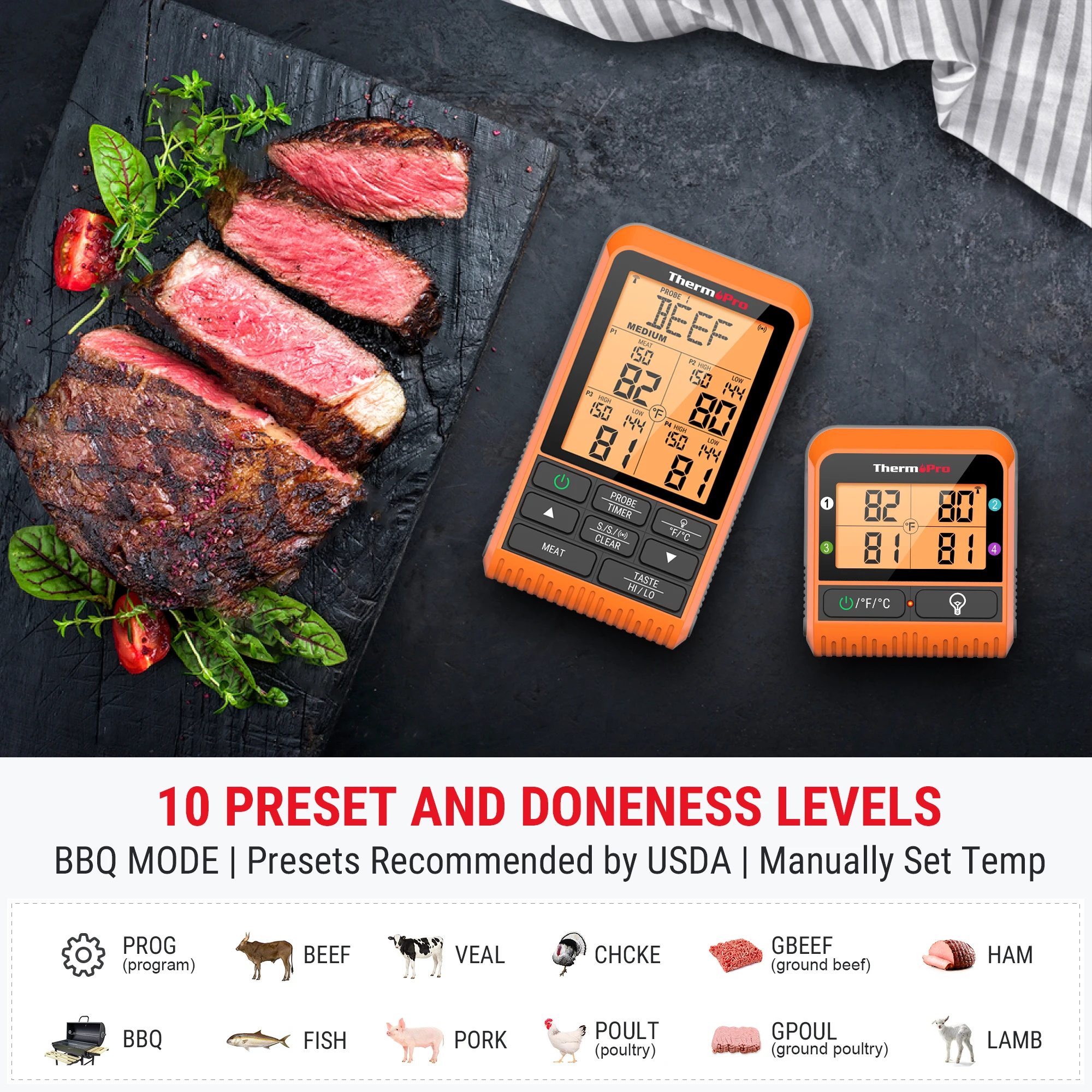 ThermoPro TP829 Wireless LCD Meat Thermometer for Grilling and Smoking,  1000FT Grill Thermometer for Outside Grill with 4 Meat Probes, BBQ  Thermometer