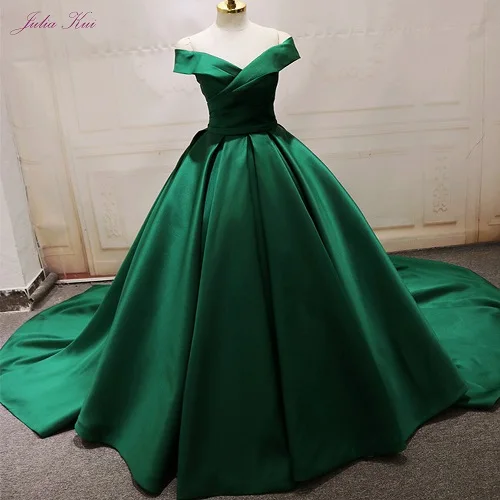 Green Julia Kui с плеча А-силуэта атласное вечернее платье без бретелек vestido de festa - Цвет: Green