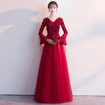 

Burgundy Bride Party Dress Evening Cheongsam Oriental Womens Wedding Long Flare Sleeve Qipao Elegant Gown Clothes Vestido XS-XXL