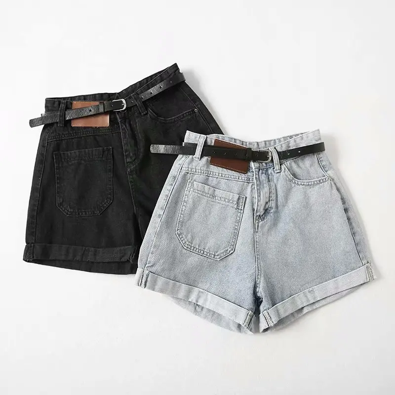 

Spring and Summer New Solid High Waist Slim Casual Fashion Asymmetric Pocket Curl Loose Denim Wide Leg Shorts Belt Shorts Women