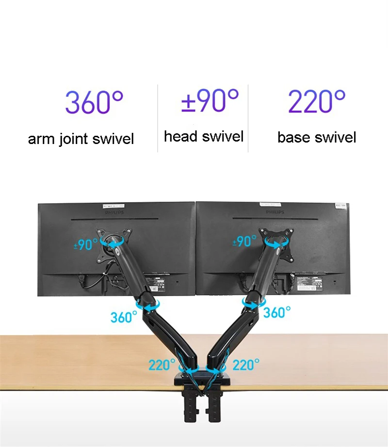 New NB F160 Gas Spring 360 Degree Desktop 17"-27" Dual Monitor Holder Arm Full Motion Monitor Mount Bracket Load 2-9kg each