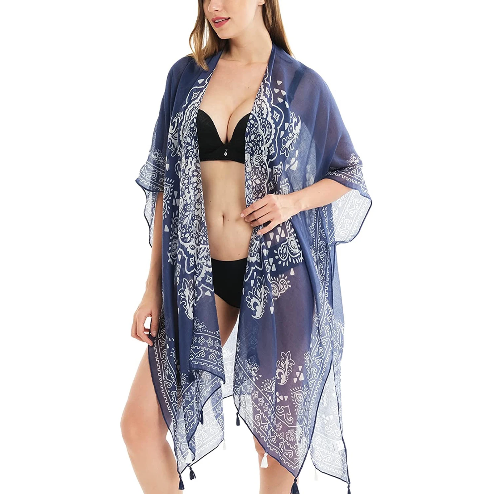 Summer Women Bikini Cover Up Bohemian Short Sleeve Open Front Swimwear Cover Irregular Semi-Sheer Split Kimono Beachwear bathing suit cover Cover-Ups