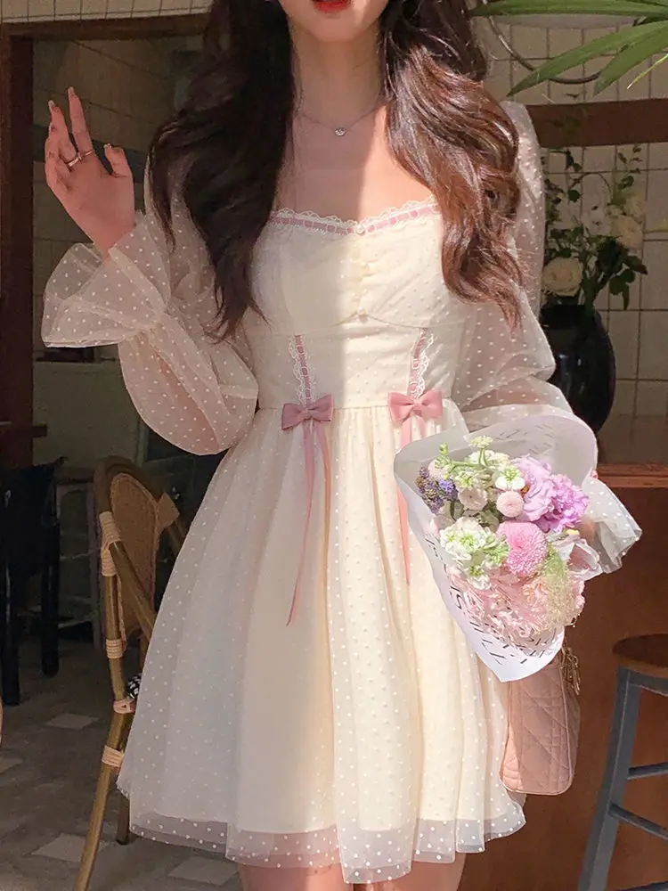2021 Autumn Elegant Princess Dress Women Sweet Dot Party Long Sleeve Fairy Dress Female Casual Vintage Korean Kawaii Mini Dress