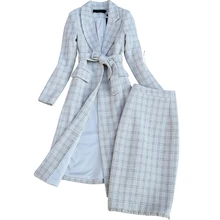^#Cheap 2019 high quality winter women's suits skirt set Fashion Plaid Ladies Long Jacket Coat Elegant slim skirt two-piece suit ^#Cheap 2019 high quality winter women's suits skirt set Fashion Plaid Ladies Long Jacket Coat Elegant slim skirt two-piece suit