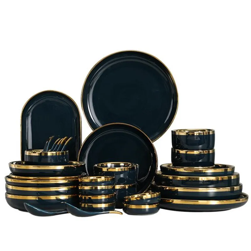 

Gilt Rim Dark green Plate Steak Food Plate Nordic Style Tableware Bowl Ins Dinner Dish High End Porcelain Dinnerware Set