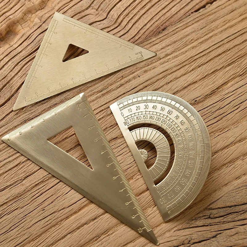 Retro Brass Straight Ruler Student School Office Stationery Metal Triangle Rulers Protractor Painting Drawing Measuring Tools