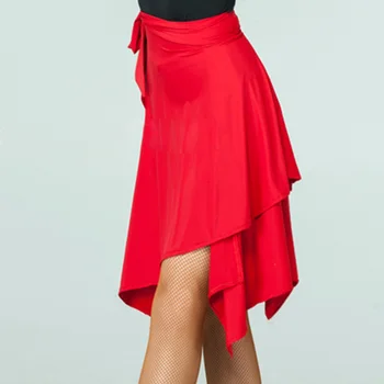 

Women Red High Waist Skirts For Latin Dance Chacha Rumba Dancing Outfits Ladies Scarf Irregular Ruffles Wrap Skirt Faldas Mujer