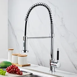 Premium 100% copper high pressure spring kitchen faucet hot and cold double outlet water sink silver swivel faucet