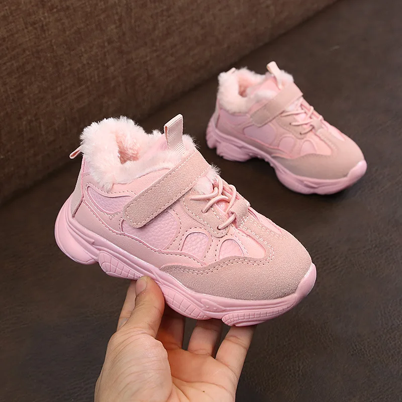 pink Детская спортивная обувь для мальчиков; зимние плюшевые теплые кроссовки для девочек; Школьная обувь для мальчиков; детская нескользящая обувь; От 1 до 12 лет - Цвет: pink