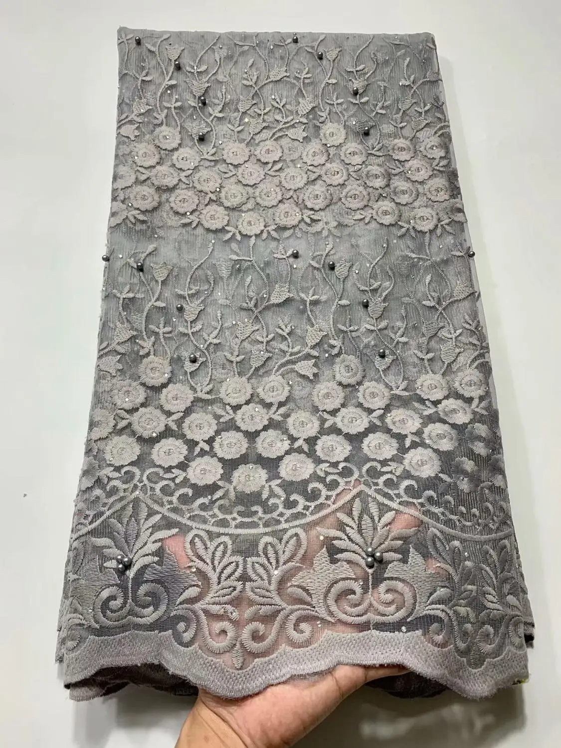 gray African Lace Fabric 2020 High Quality with Beaded stone Nigerian Mesh Fabrics for Bride French Tulle | Дом и сад