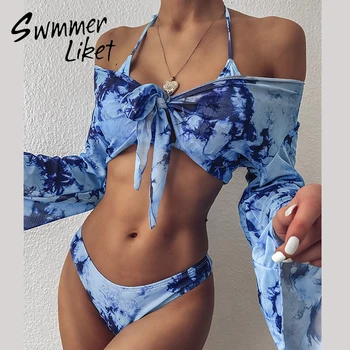

Halter three piece suit Brazilian thong swimsuit female Triangle swimwear Printed bikini Long sleeve bathing suit women bathers