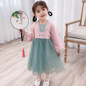 

2020 Children hanfu Spring Spring Girls Cute Embroidered Mesh Stitching Princess Long-Sleeved Sweet Dress