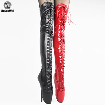 

jialuowei Extreme Fetish 18cm/7" high heel Gothic Punk Drag Queen Cross-tied over knee Thigh long ballet boots Plus size 36-46