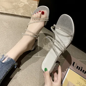 

Women Roman Sandals Open Toe Round Head Rhinestone PU Low Heel Silver Beach Women Shoes Non slip Wear resistant Shoes