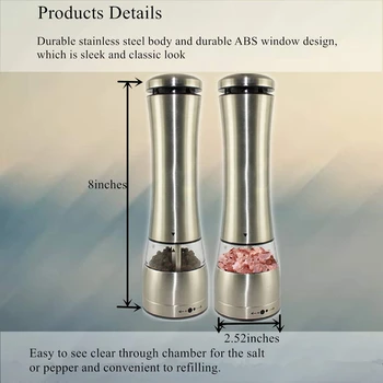 

Kitchen Life Battery Operated Salt and Pepper Grinder Set - Durable Stainless Steel - Adjustable Ceramic Coarseness with LED Lig
