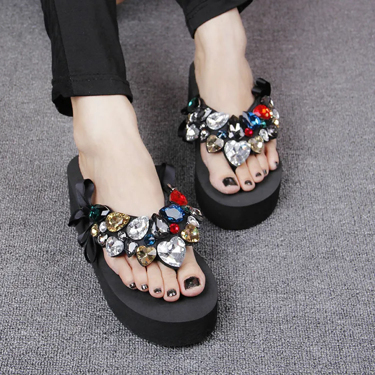 2019 Summer New Luxury Crystal Slippers Bow Womens Cheap Black Platform High Heels Comfortable Flip Flops Shoes Discount46