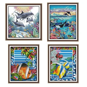 

Patterned Cross Stitch Kit Underwater World Goldfish Small Fish Embroidery 14CT 11CT Needlework DIY Kit Home Decoration Painting